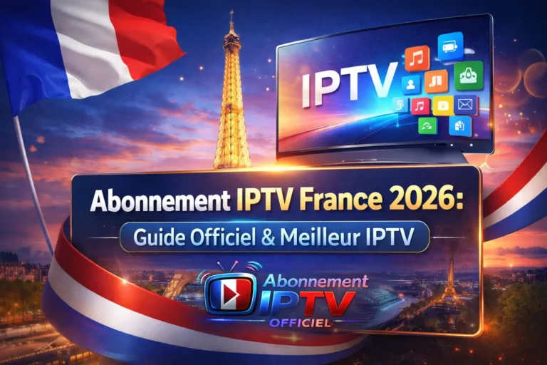 Abonnement IPTV France 2026 avec Tour Eiffel, drapeau français et logo IPTV Officiel sur écran TV