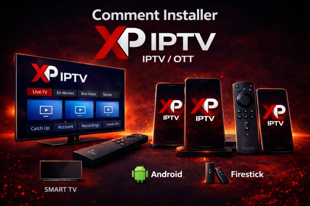 Image promotionnelle montrant comment installer XP IPTV sur Smart TV, Android et Firestick avec interface IPTV affichée à l’écran.