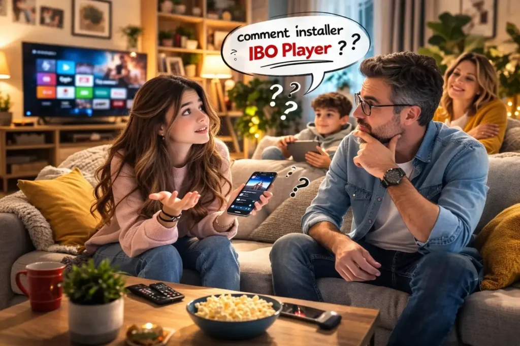 comment installer ibo player – jeune femme demandant à son père comment installer IBO Player à la maison avec sa famille