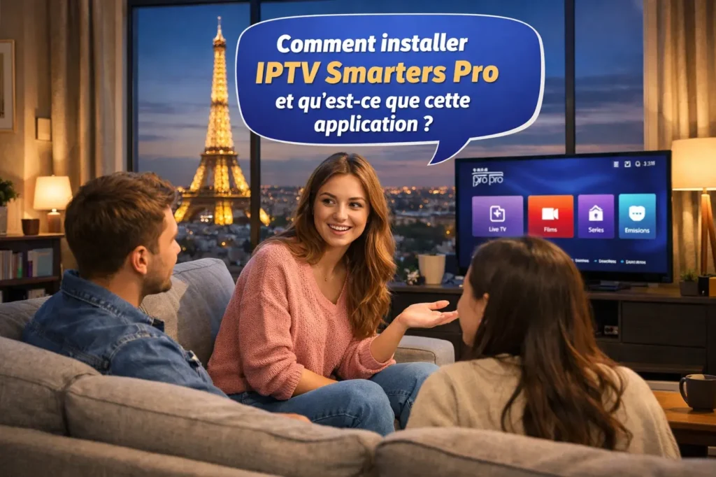 Jeune femme confuse demandant comment installer IPTV Smarters Pro et qu’est-ce que cette application, assise sur un canapé avec ses amis face à la télévision, Tour Eiffel visible en arrière-plan.