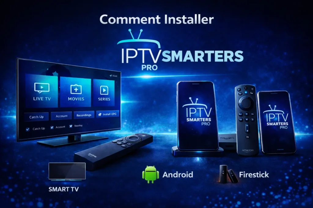 comment installer IPTV Smarters Pro sur Smart TV Android et Firestick avec interface IPTV Smarters Pro affichée sur télévision et smartphone