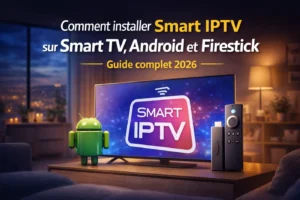 Télévision affichant Smart IPTV avec Android et Firestick dans un salon moderne, illustrant comment installer Smart IPTV facilement en 2026