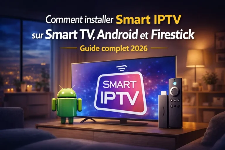 Télévision affichant Smart IPTV avec Android et Firestick dans un salon moderne, illustrant comment installer Smart IPTV facilement en 2026