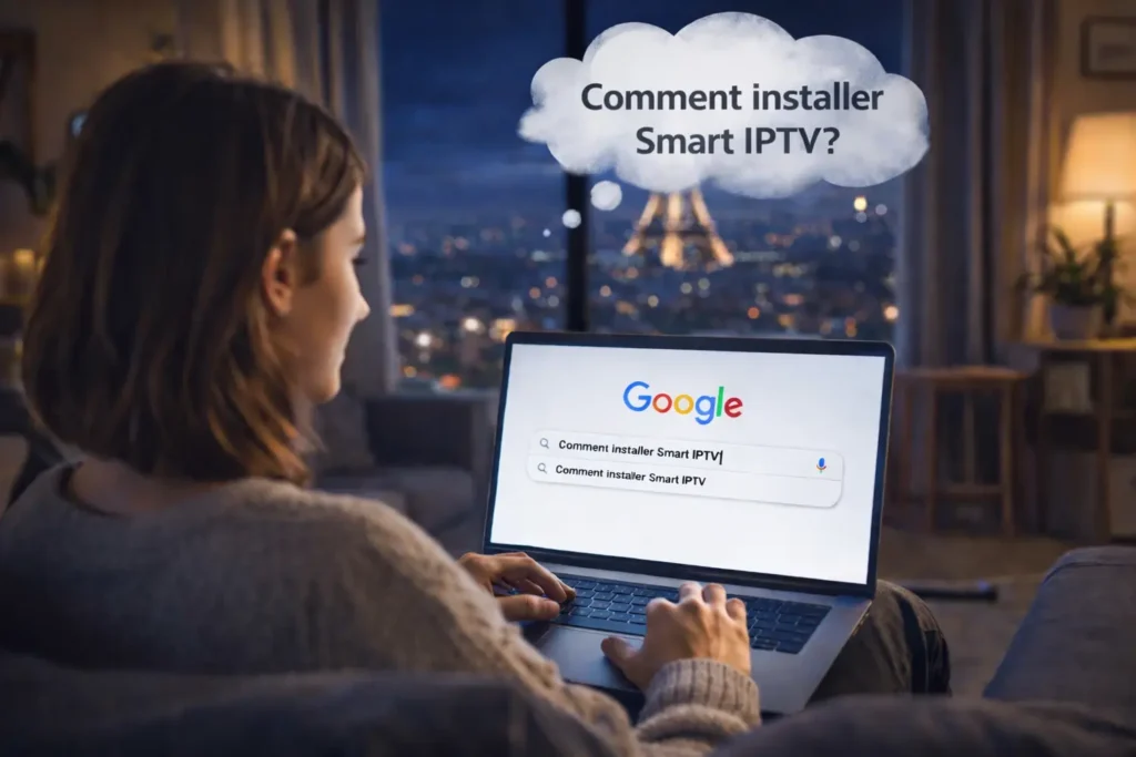 Jeune femme recherchant comment installer Smart IPTV sur Google depuis son salon à Paris avec vue sur la tour Eiffel