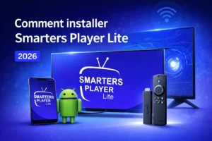 Illustration montrant comment installer Smarters Player Lite sur Smart TV, Android et Firestick avec logo officiel et guide 2026
