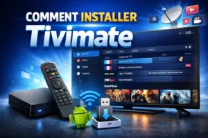 Comment installer Tivimate sur Smart TV Android et Firestick avec boîtier Android, télécommande et interface Tivimate affichée à l’écran