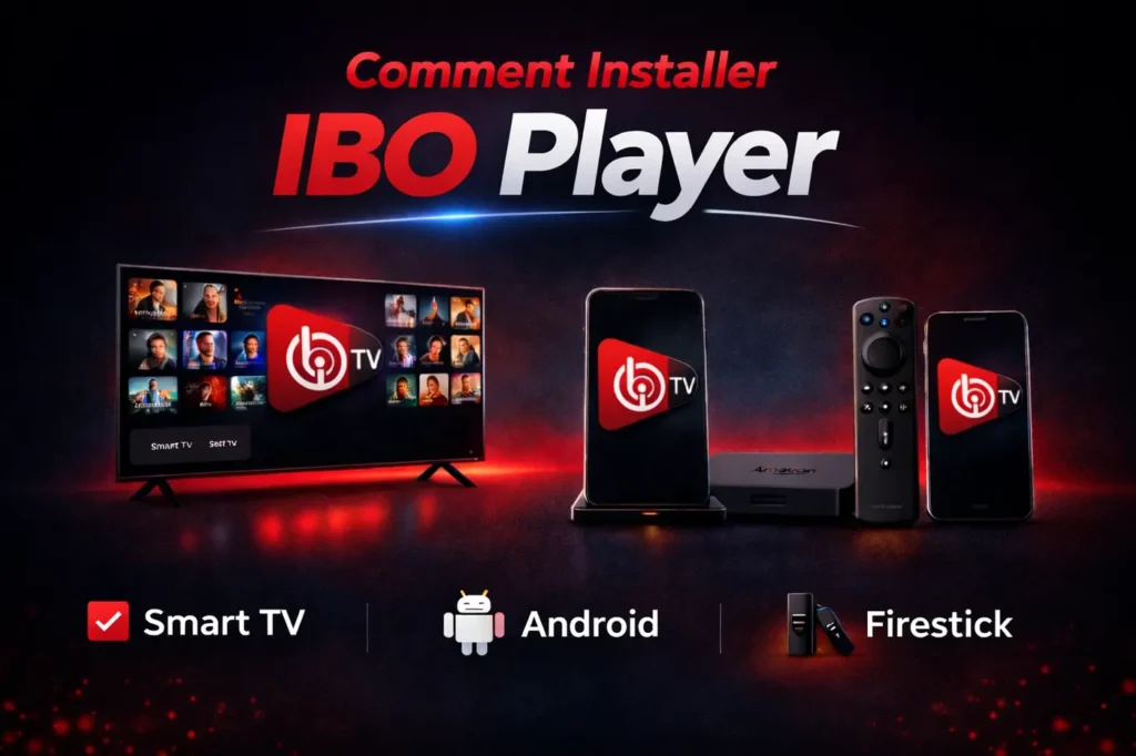 Comment Installer IBO Player sur Smart TV, Android et Firestick avec interface IBO TV affichée sur télévision, smartphone Android et Amazon Firestick