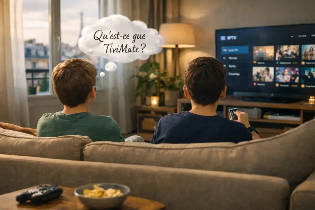 Deux jeunes frères assis sur un canapé regardent la télévision dans un salon français moderne pendant que l’un se demande dans une bulle de pensée : Qu’est-ce que TiviMate ?