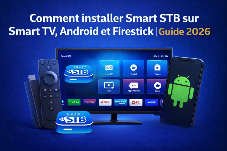 Guide 2026 montrant comment installer Smart STB sur Smart TV, Android et Firestick avec interface affichée sur télévision et appareils compatibles.