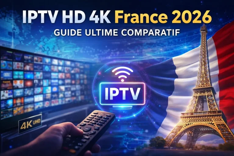 IPTV HD 4K France 2026 guide ultime comparatif avec écran TV 4K, télécommande et Tour Eiffel en arrière-plan