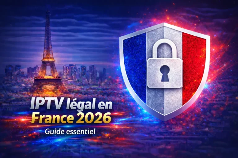 IPTV légal en France 2026 avec tour Eiffel et bouclier tricolore sécurisé
