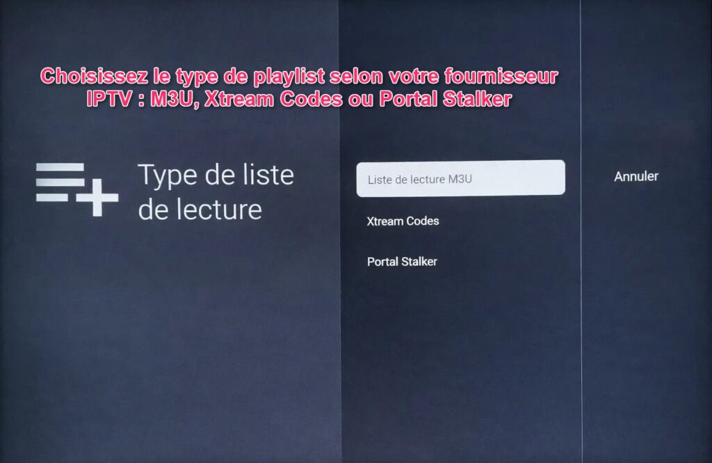Comment installer TiviMate sur Android TV étape 10 choisir type playlist M3U Xtream Codes ou Portal Stalker