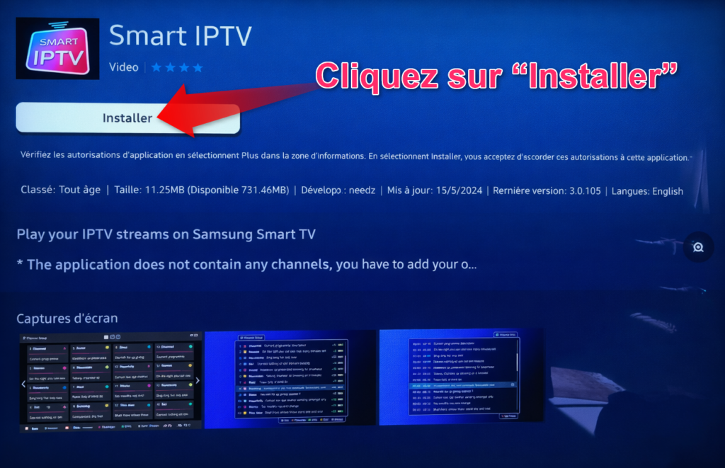 installer smart iptv sur samsung tv cliquer sur installer application Smart IPTV Samsung Smart TV
