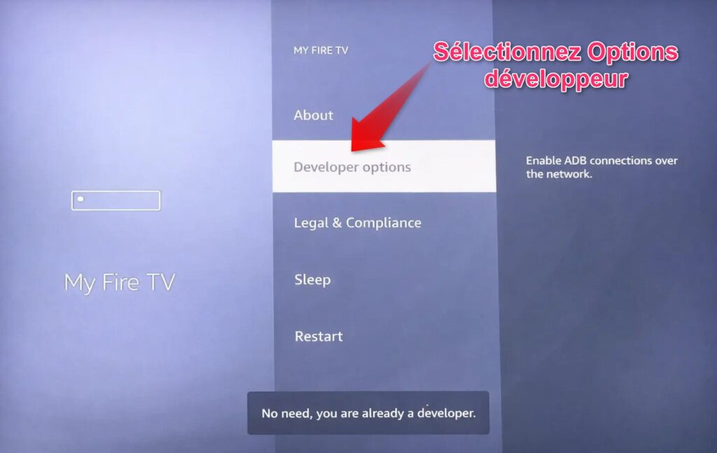 ouvrir options développeur fire tv