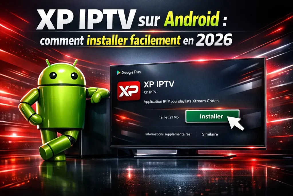 Installer XP IPTV sur Android via Google Play Store avec bouton Installer affiché sur Smart TV et mascotte Android futuriste