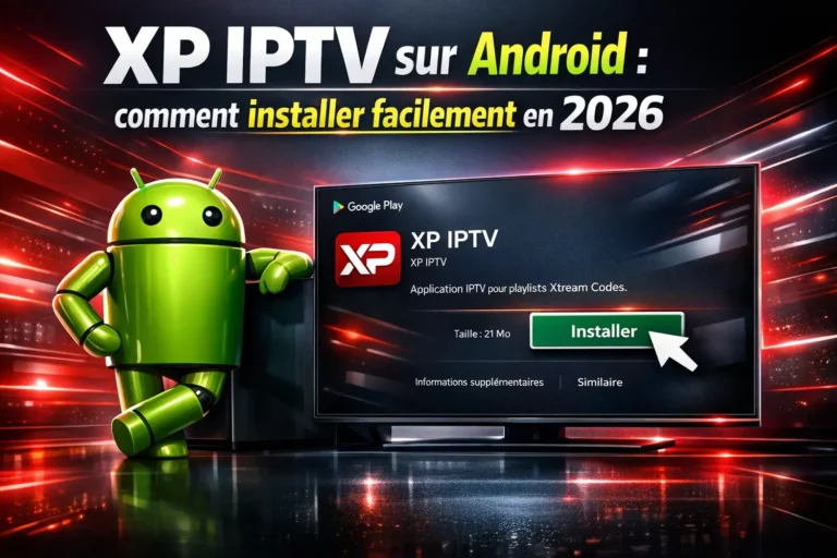 Installer XP IPTV sur Android via Google Play Store avec bouton Installer affiché sur Smart TV et mascotte Android futuriste