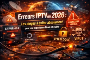 Erreurs IPTV en 2026 avec problèmes de connexion, buffering, VPN bloqué et streaming instable