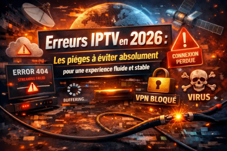 Erreurs IPTV en 2026 avec problèmes de connexion, buffering, VPN bloqué et streaming instable