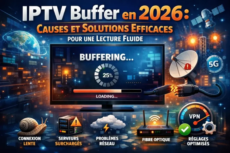 IPTV buffer en 2026 avec écran TV affichant buffering et solutions comme fibre optique, VPN et optimisation réseau