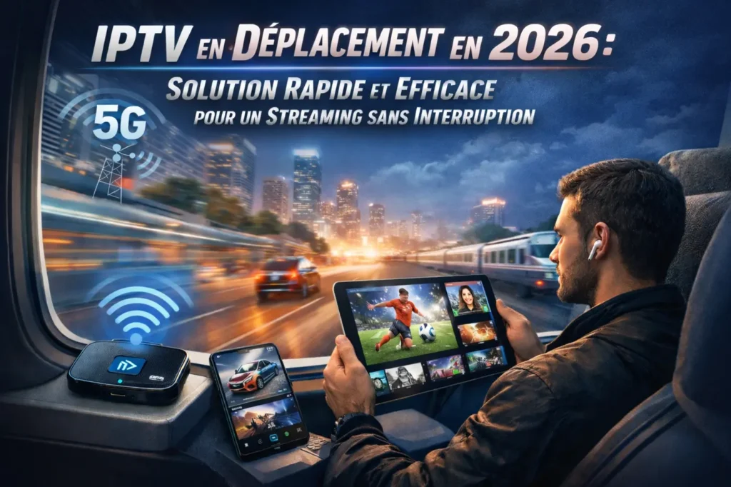 IPTV en déplacement en 2026 sur tablette avec connexion 5G et WiFi pour un streaming sans interruption dans les transports