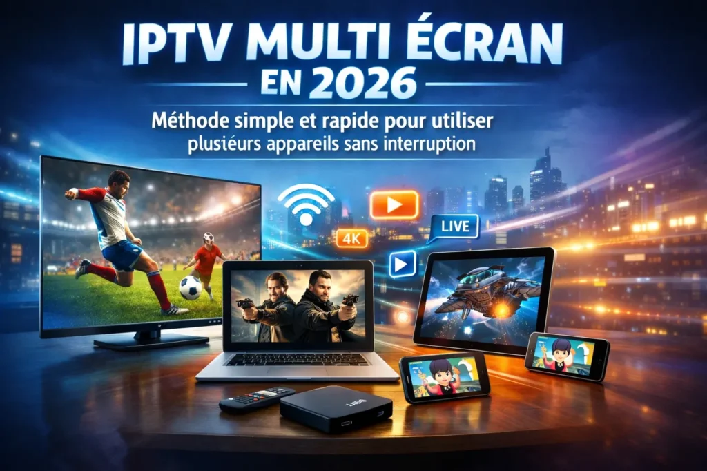 IPTV multi écran en 2026 affiché sur TV, tablette, smartphone et ordinateur avec streaming fluide sans interruption