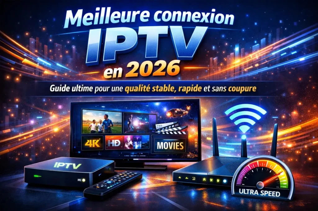 Illustration meilleure connexion IPTV en 2026 avec box IPTV, routeur WiFi et streaming en qualité HD et 4K sans coupure