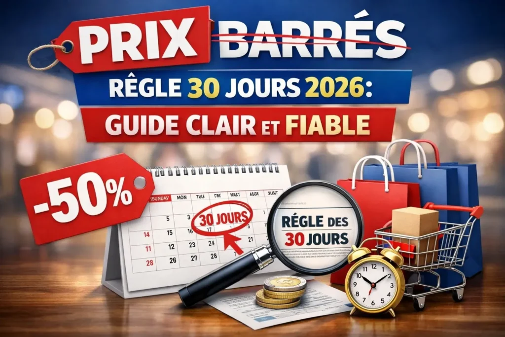 Prix barrés règle 30 jours 2026 explication claire avec calendrier, promotion et réduction affichée selon la réglementation