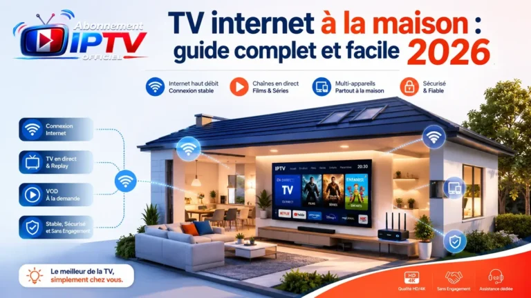 Image professionnelle montrant une maison moderne connectée avec TV internet à la maison, Wi-Fi, IPTV, replay, VOD et multi-appareils pour un guide complet 2026.
