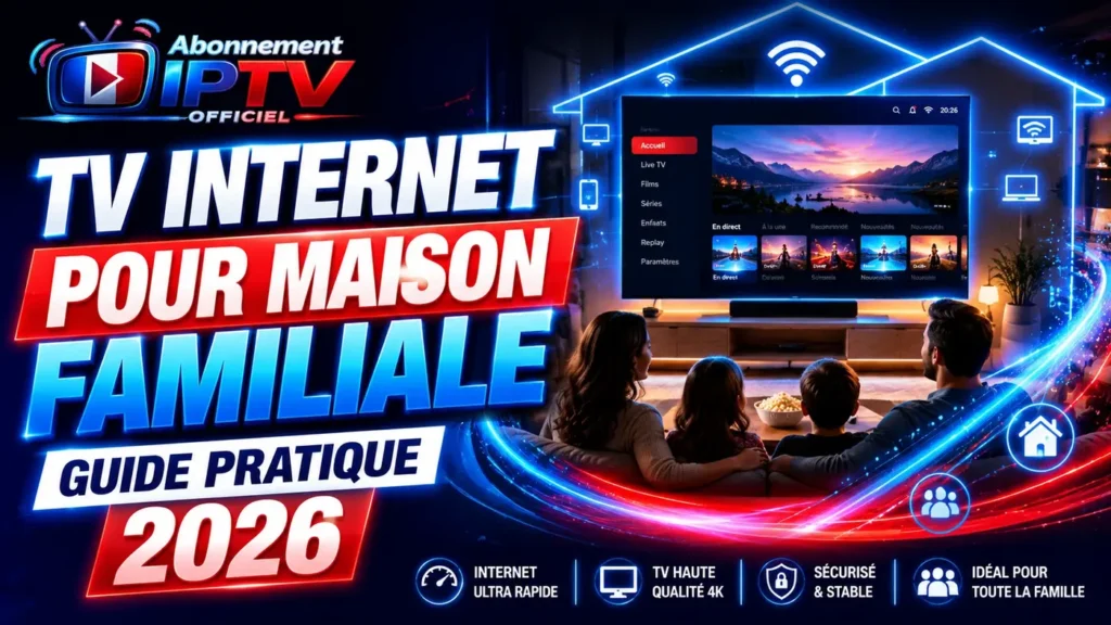 TV internet pour maison familiale avec salon connecté, famille devant une télévision moderne et réseau Wi-Fi domestique en 2026
