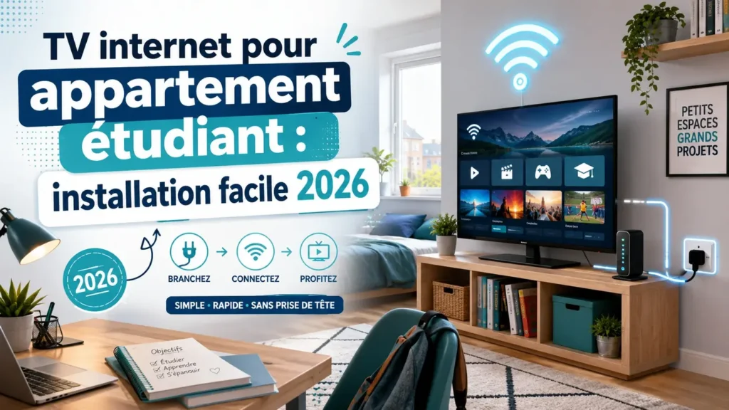 TV internet pour appartement étudiant avec installation facile en 2026 dans un studio moderne avec Wi-Fi, routeur et écran connecté.