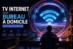 TV internet pour bureau à domicile avec espace de travail futuriste, connexion Wi-Fi et équipements modernes pour un guide neutre 2026