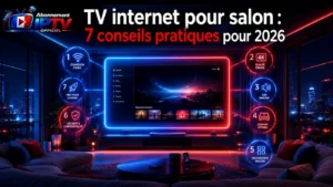 TV internet pour salon avec écran central connecté, conseils pratiques 2026 et ambiance moderne futuriste