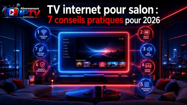 TV internet pour salon avec écran central connecté, conseils pratiques 2026 et ambiance moderne futuriste