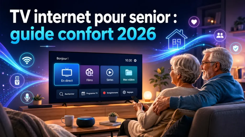 TV internet pour senior guide confort 2026 avec senior souriant devant une télévision affichant un film