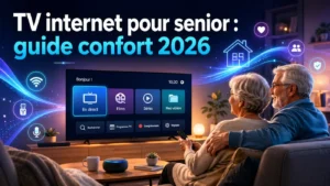 TV internet pour senior guide confort 2026 avec senior souriant devant une télévision affichant un film