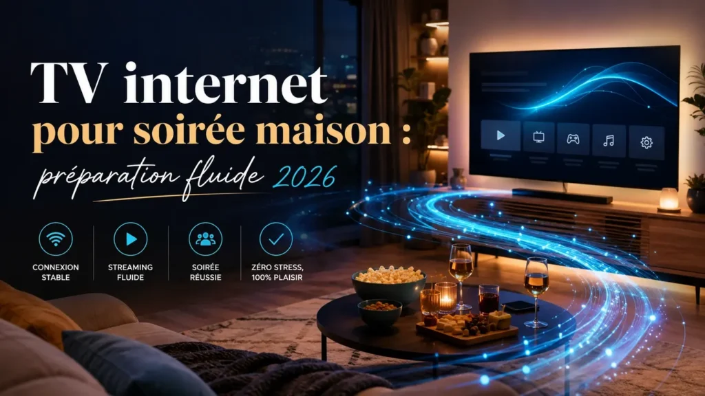 TV internet pour soirée maison avec salon moderne, connexion stable et ambiance conviviale pour une préparation fluide en 2026