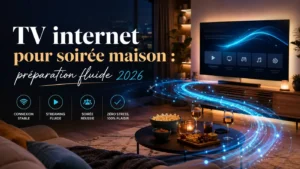 TV internet pour soirée maison avec salon moderne, connexion stable et ambiance conviviale pour une préparation fluide en 2026