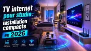 TV internet pour studio avec installation compacte en 2026 dans un petit espace moderne, WiFi stable, routeur discret et écran connecté.