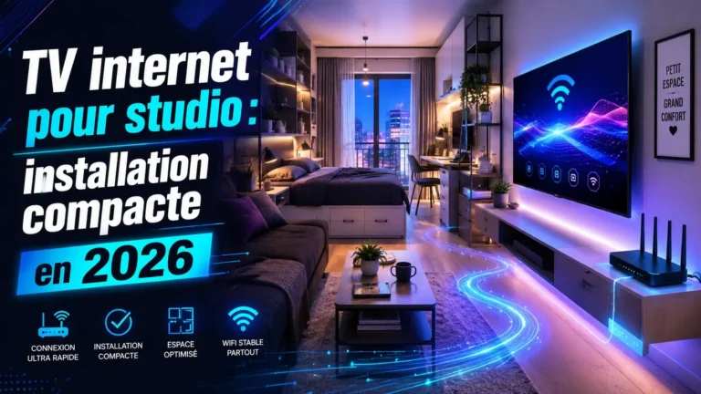 TV internet pour studio avec installation compacte en 2026 dans un petit espace moderne, WiFi stable, routeur discret et écran connecté.