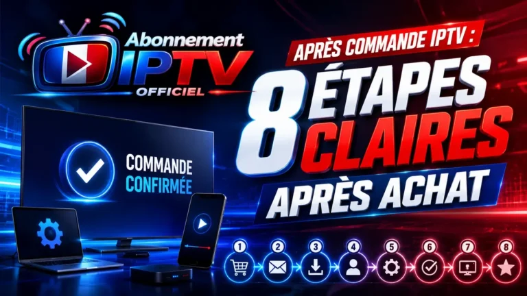 Image illustrant les 8 étapes claires à suivre Après commande IPTV, avec confirmation d’achat, installation et réglages.