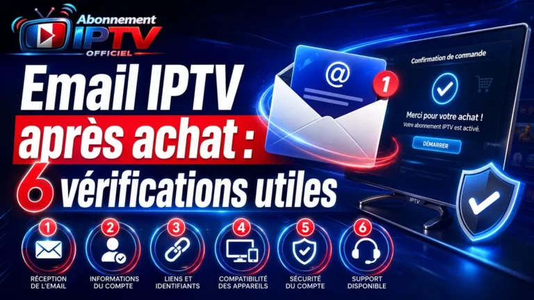 Email IPTV après achat avec confirmation de commande, checklist de 6 vérifications utiles, identifiants, compatibilité et support client.