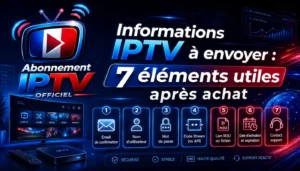 Informations IPTV à envoyer après achat avec 7 éléments utiles comme email, identifiants, code Xtream, lien M3U et support